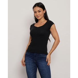Blusa Feminina Manga Curta Decote Com Elástico Canelado Preta