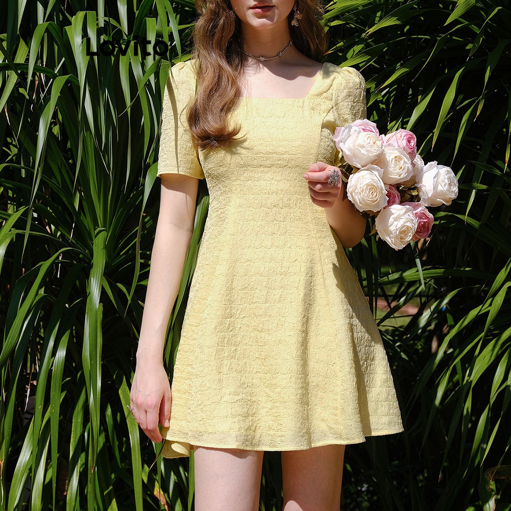 Lovito Vestido Casual Liso Jacquard Manga Bufante Para Mulheres LBE04125 (Luz Amarela)