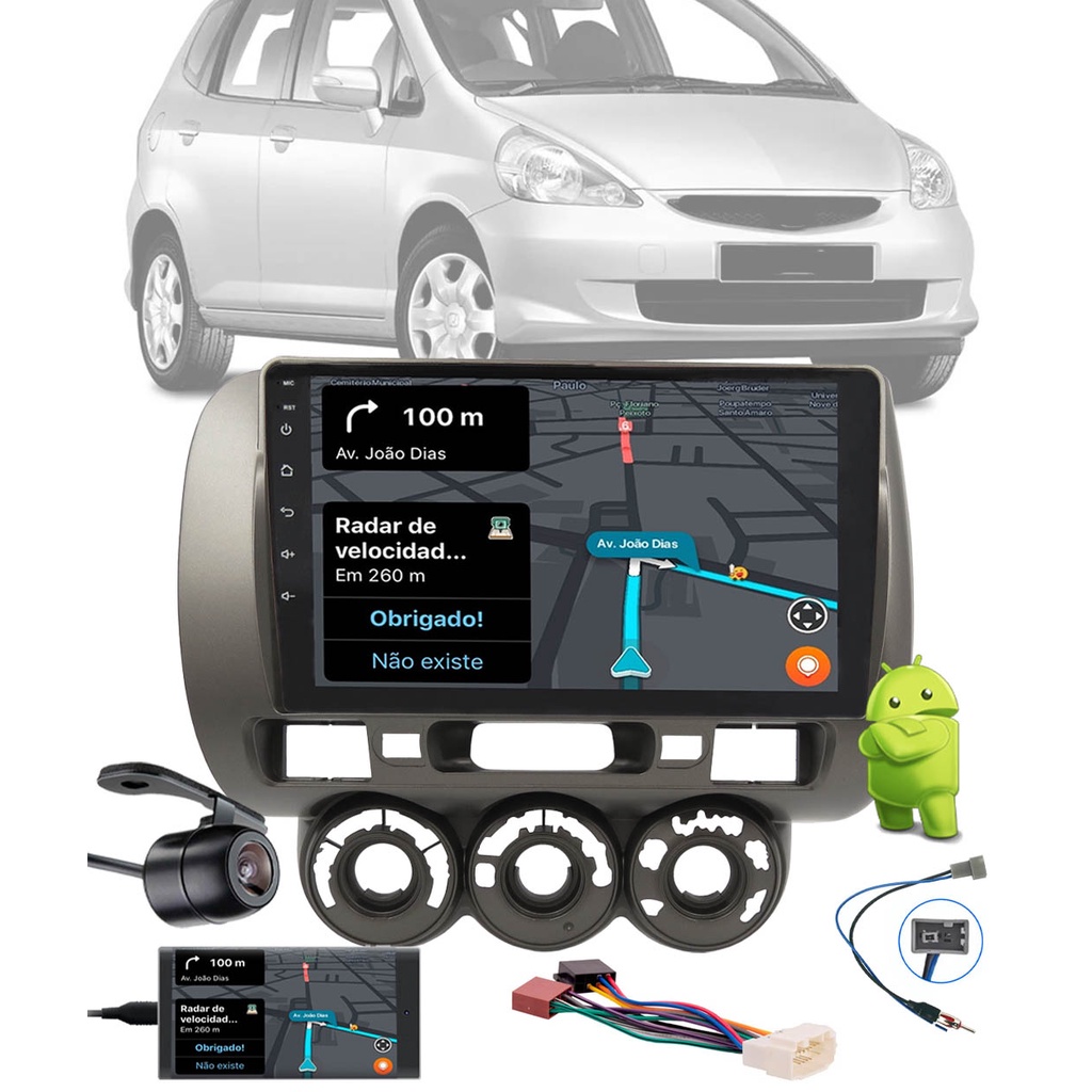 Multimídia 2 Din 9" Polegadas Android Fit 2003 até 2008 Espelhamento Bluetooth USB + Chicotes + Câmera Ré