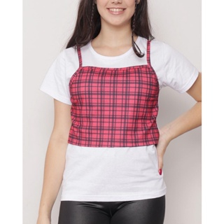 Blusa Juvenil Sobreposição Xadrez Branca