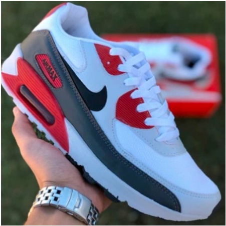 Tênis Air Max 90 Unissex Branco Vermelho Oferta Em Promoção