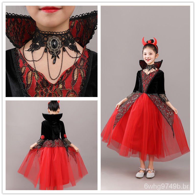 Trajes de Vampiro de Halloween, Halloween Cosplay Fantasia Vestido Vampiro  Luvas Colar De Saia Trajes,Conjunto de fantasias de Halloween de vampiros  para crianças Genérica