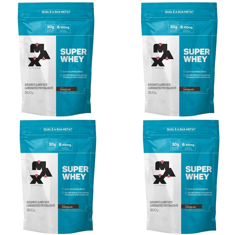 Super Whey Protein 900g Chocolate Refil – 4 unidades – Max Titanium