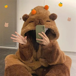 Pijama de Capibara Mulher de inverno de veludo coral novo conjunto de camisolas engrossadas, roupas de casa de capivara fofa