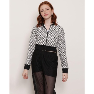 Jaqueta Juvenil Cropped Manga Longa Estampada Branca