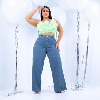Calça Jeans Wide Leg Plus Size Lisa Fenda Lateral