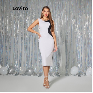 Lovito Casual Vestido Feminino de Patchwork Colorblock LBA05041 (Branco)
