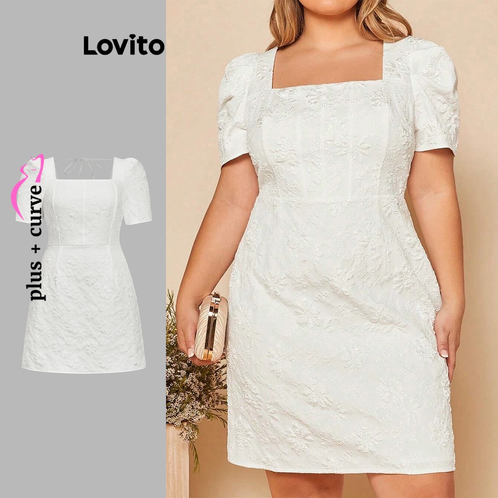 Lovito Tecido Liso Elegante Com Amarração Nas Costas Em Jacquard Que Costura Vestido Plus Size Para Mulheres LBL06149 (Branco)