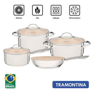 Jogo de Panelas Tramontina Una Ceramic em Aco Inox com Fundo Triplo e Revestimento Interno Ceramico Bege 4 Pecas