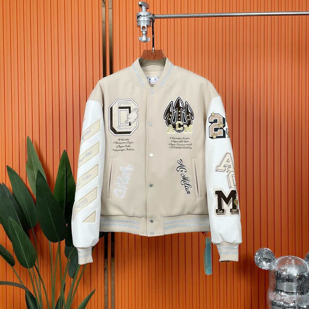 OFF Marca Moda Branco Milan Bordado Casaco para Homens e Mulheres Casual Jacket OW Logo Sticker Set Thicken Baseball Uniform