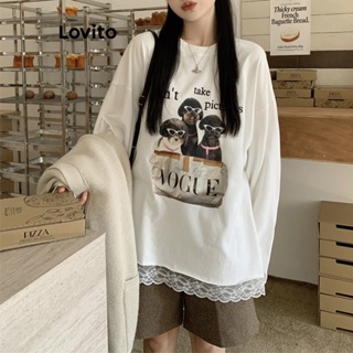 Lovito Camiseta Casual Feminina Com Costura Em Tecido De Renda Com Estampa De Desenho Animado LNA40128