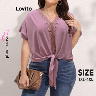Lovito Blusa Casual Lisa Com Renda Plus Size Para Mulheres LNE31162 (Luz Roxa)