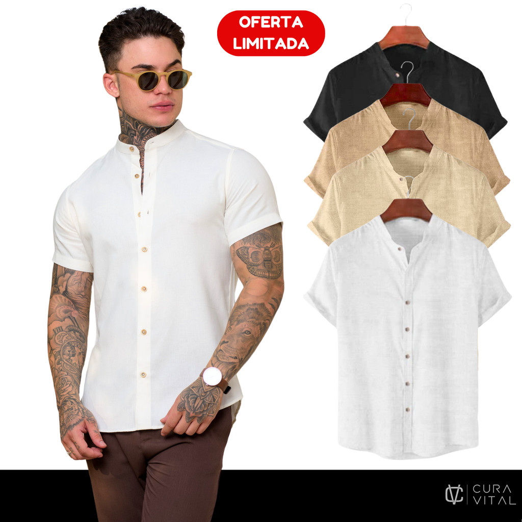Camisa Gola Padre Masculina Manga Curta Linho Luxo