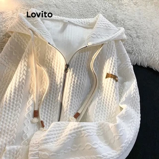 Lovito Casaco de Malha com Acabamento de Gola Redonda e Bolsos Simples Casual para Mulheres LNE13013 (Branco)