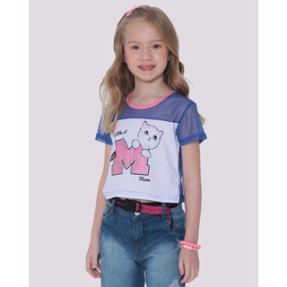 Blusa Cropped Infantil Gatinho Malha Telada Azul