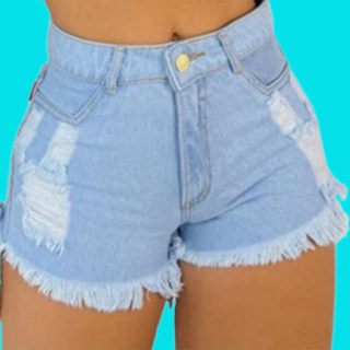 Short Jeans Feminino Azul Claro Rasgado Barra Desfiada Destroyed: Tendência Rasgada - Unique style.