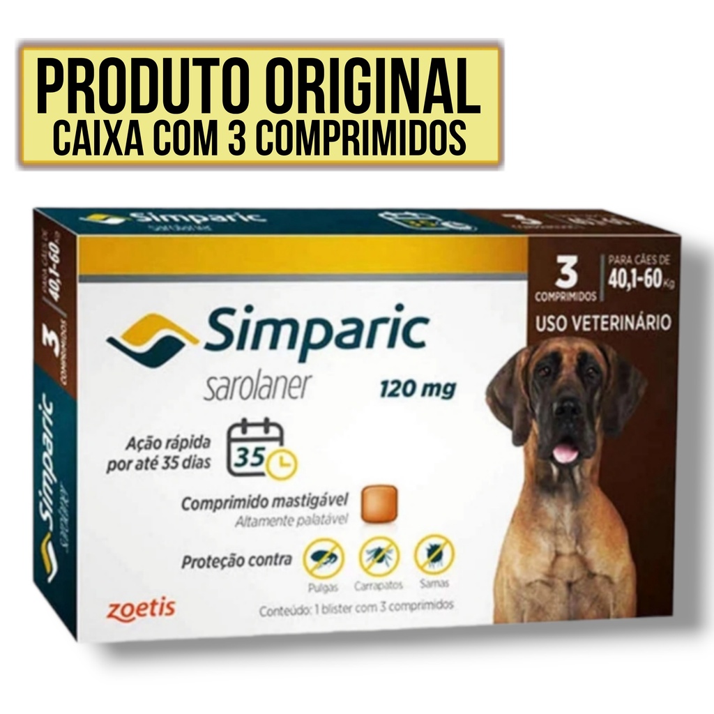 Simparic 120mg (40,1kg/60kg) c/ 1comp - Zoetis - Antipulga e