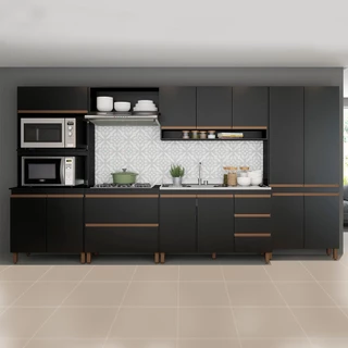 Cozinha Modulada Completa com Armário Balcão Nicho Sabrina 360x202Cm 6 Peças MDP Preto MENU