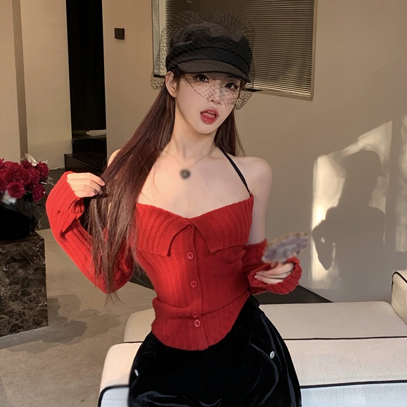 Camiseta Pullover Moda Feminina Croptop Manga Comprida De Malha Versão Coreana Primavera Outono Cor Sólida Slim Sexy Top