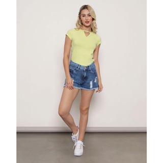 Short Jeans Feminino Destroyed Barra Desfiada Azul