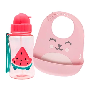 Conjunto com Garrafinha Frutti Melancia 350ml Com Babador de Silicone com Pega Migalhas Rosa Buba