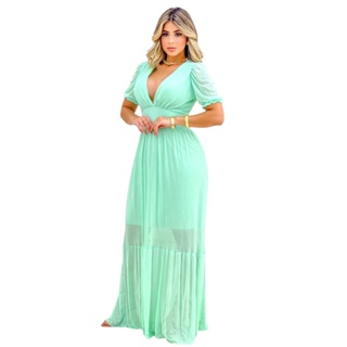Vestido manga curta decote v com bojo balada blogueira Verão Ano Novo natal