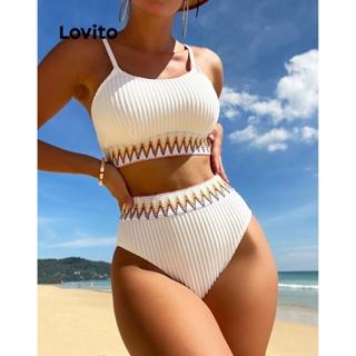 Lovito Conjuntos De Biquíni Com Costura De Tecido Listrado Sexy Para Mulheres LNL36077 (Branco Preto)