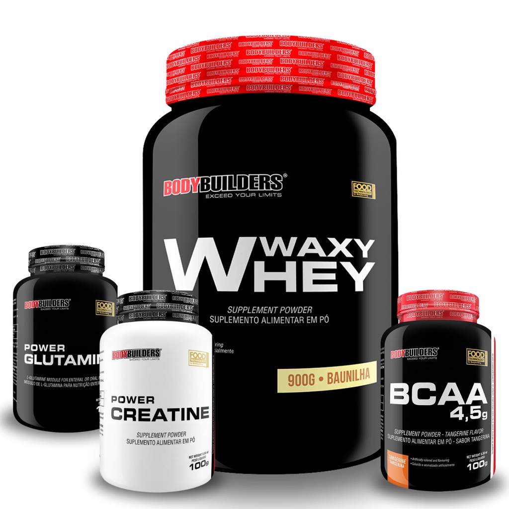 Kit Waxy Whey 900g + Power Glutamina 100g + Power Creatina 100g + BCAA 100g – Bodybuilders Suplementos para Definição e Performance