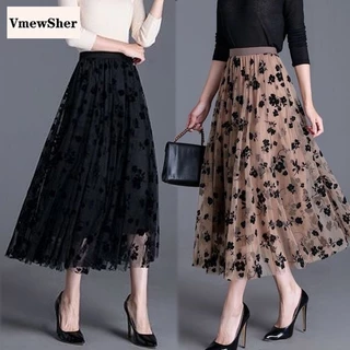 VmewSher Saia De Fio De Duas Camadas Forro Feminino De Verão Malha Floral Comprimento Médio De Bezerro Moda Longa Elegante