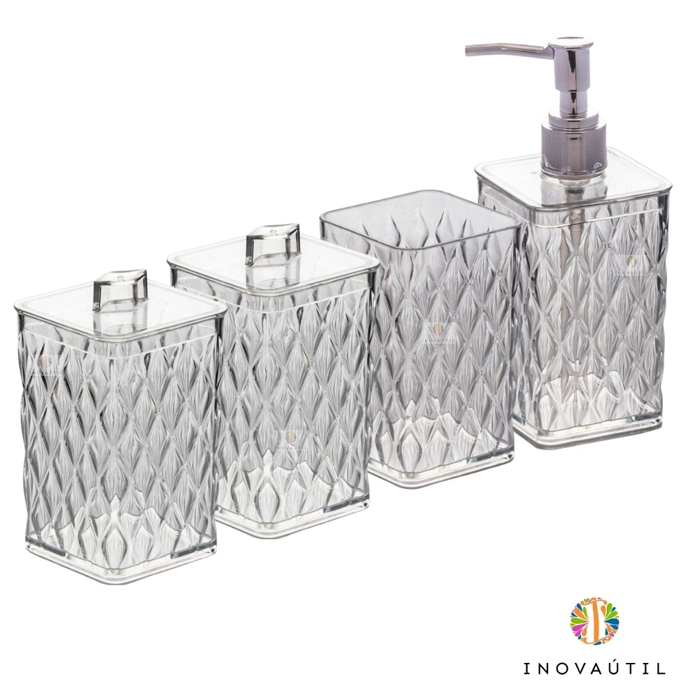 Kit Banheiro Lavabo Cristal Transparente Acrílico Porta Sabonete Líquido, Escova, Cotonete, Algodão