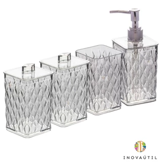 Kit Banheiro Lavabo Cristal Transparente Acrílico Porta Sabonete Líquido, Escova, Cotonete, Algodão