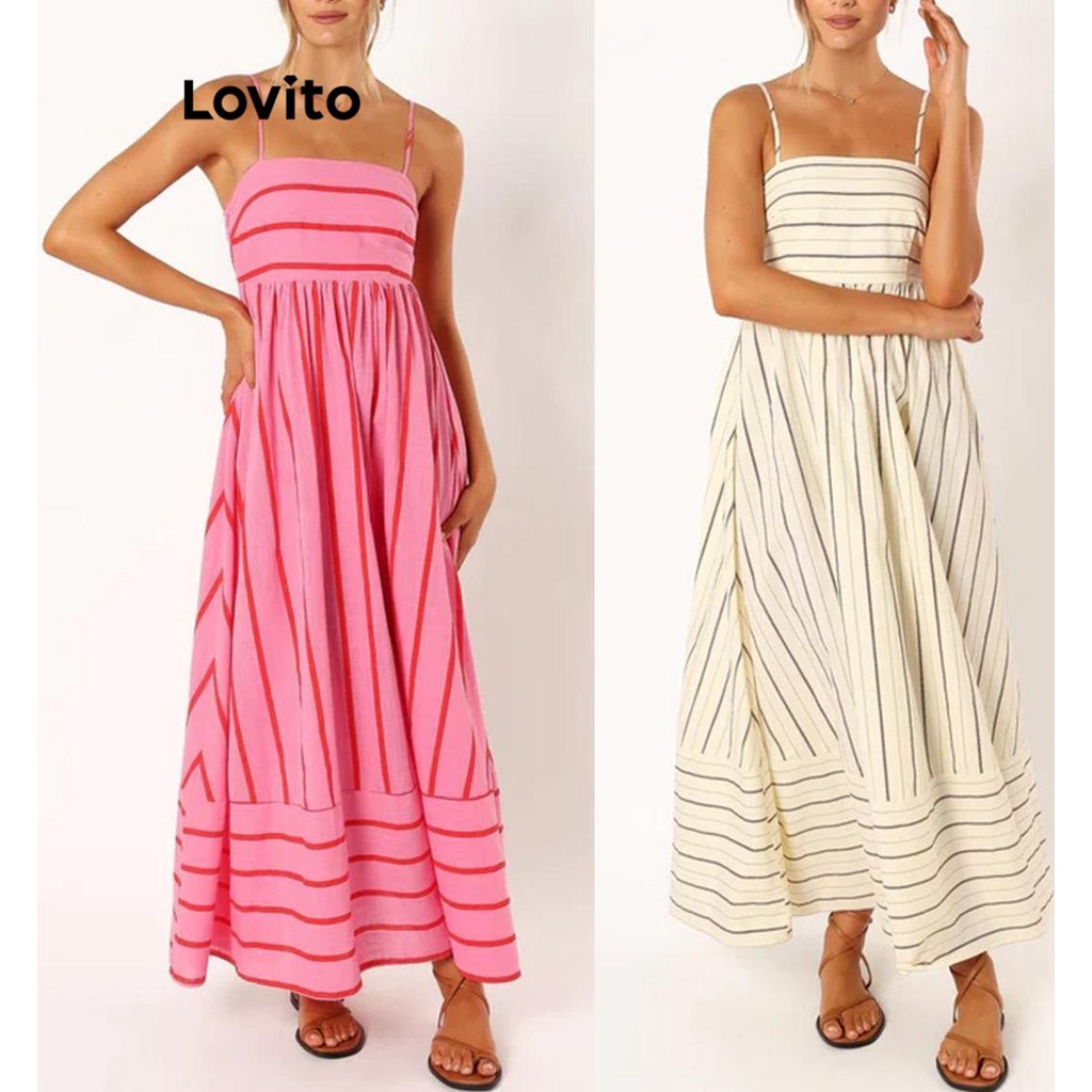 Lovito Elegante Vestido Listrado com Lastex para Mulheres LNL43170