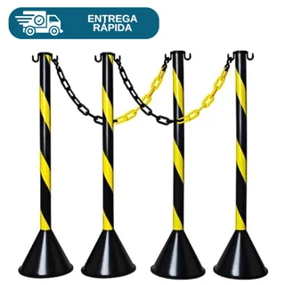 Kit 4 Pedestal Plástico Zebrado Organizador De Filas + 5 Metros Corrente Plástica Elo Grande Sinalização