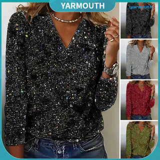 YYR-- Mulheres Top Lantejoulas Brilhantes V Pescoço Longo Manga Solta Pullover Puro Cor Respirável Camisa De Senhora Festa Diária Do Clube De Comutação