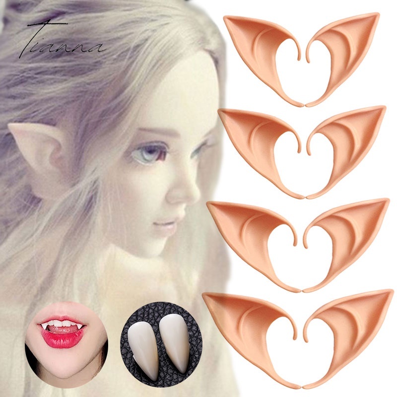 Orelhas De Elfo De Látex Dentes De Vampiro Fantasia De Halloween Horror Apontados Desempenho No Palco Cosplay Tianna