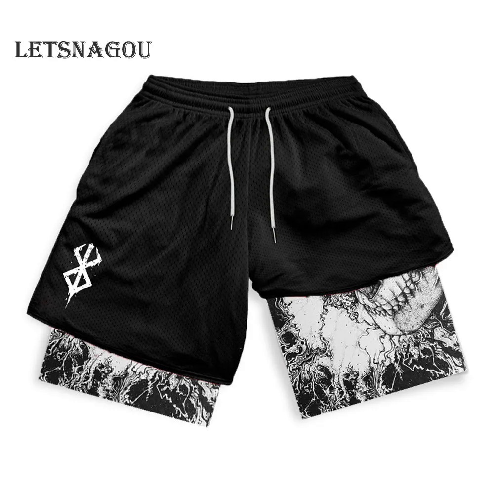 Men's Anime Shorts Berserk Manga Impressão 2 em 1 Ginásio Shorts Compressão Stretchy Calções Esportivos Quick Dry Fitness Workout Verão