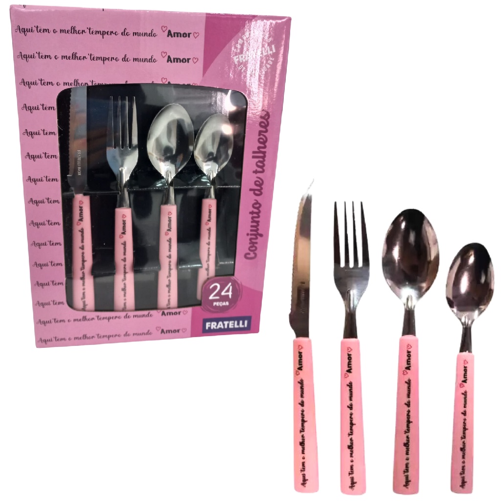Jogo talheres 24 pçs cabo Rosa Frase Amor garfo faca colher