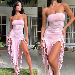 Vestido Sem Mangas Para Festas De Moda Lace Ruffle Mulheres Com Cintura Macia