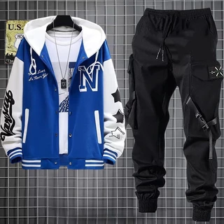 Conjuntos De Moda Masculina Manga Longa Solta Camiseta Com Capuz Solto Tendência + Calça De Carga Joggers Preta Mais Fato Masculino Tamanho