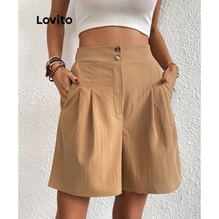 Lovito Shorts Casuais De Bolso Com Botão Liso Para Mulheres LNL37061 (Cáqui/Preto)
