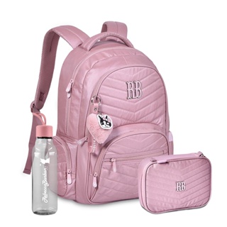 Kit Mochila Costas Estojo Box Metalizada Brilho Squeeze Oficial Rb Lancamento Adolescente Escolar Universitaria Pompom