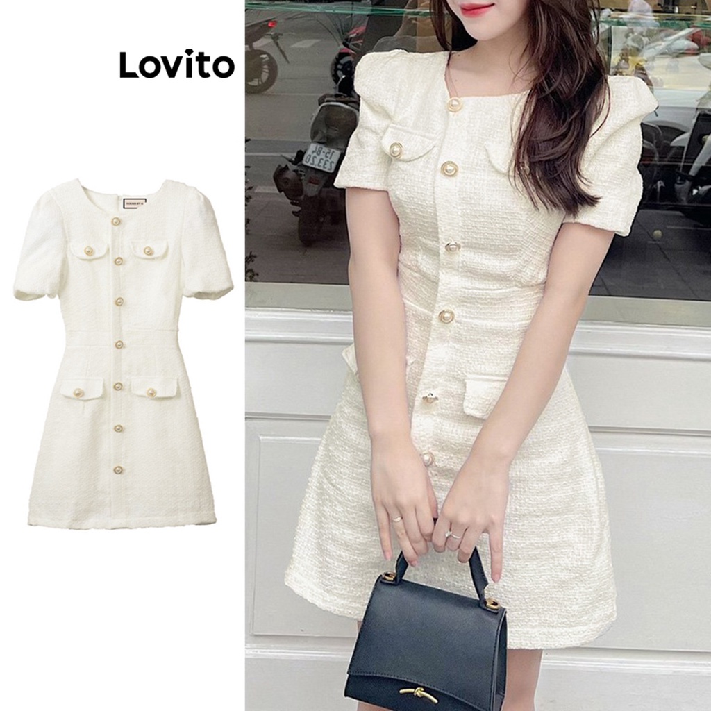 Lovito Vestido com Botão Frontal e Bolsos Falsos de Tecido Liso para Mulheres L61AD070 (Branco)