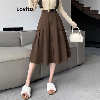 Lovito Casual Saia Feminina Lisa Franzida com Metal LNA34047 (Café)