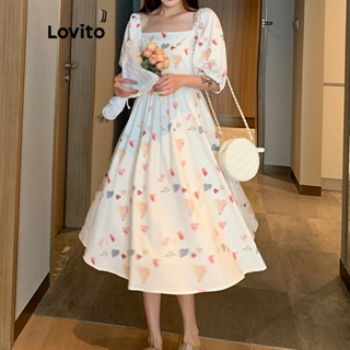 Lovito Vestido com Bainha de Babado, Manga Bufante e Cintura Elástica com Babados Casual para Mulheres LNE10132 (Branco)