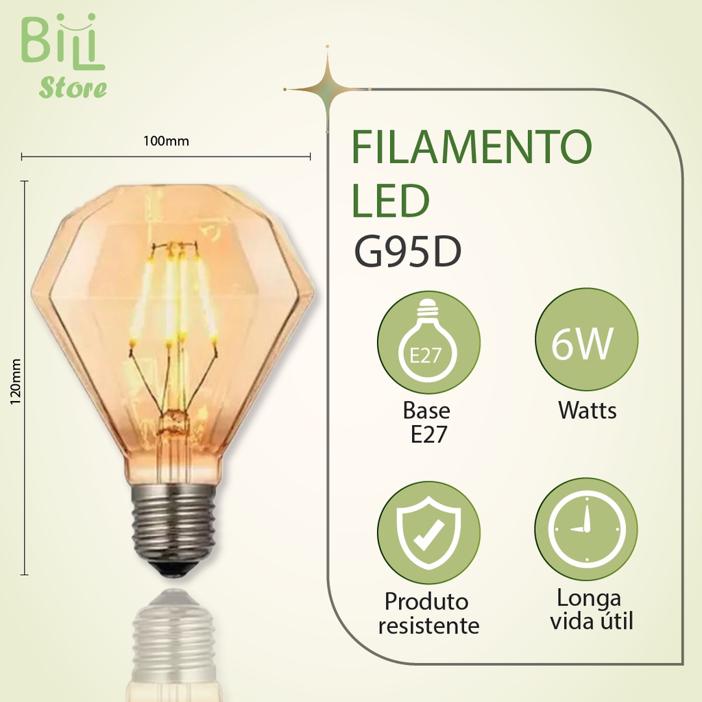 Lâmpada Filamento LED G95D 4W E27 LUZ QUENTE (AMARELO) Âmbar Retrô Vintage 110V~220V | Bivolt