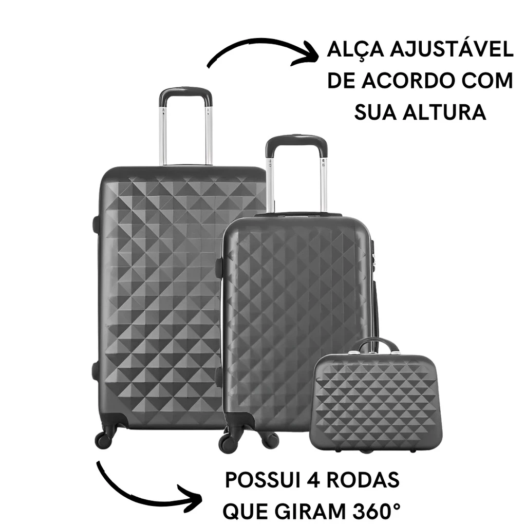 Kit 3 Malas de Viagem, Padrão ANAC, ABS Rígido, Rodas 360° - Retráteis, e Sistema Antifurtos
