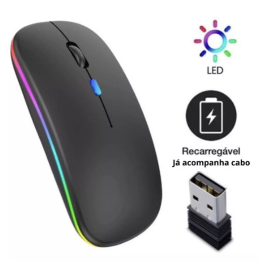 Mouse Bluetooth e Wireless Recarregável Sem Fio Gamer Led Rgb 2.4 ghz Bt 5.0 Compatível com Celular Notebook Computador Tablet