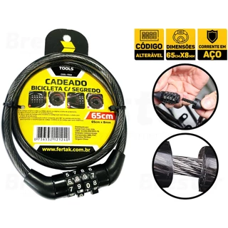 Corrente Cadeado Segurança Bicicleta C/ Senha Segredo 65cm x 8mm Fertak 1704