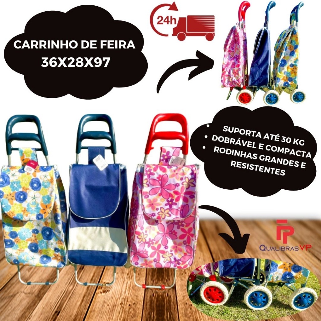 Carrinho Organizador Multiuso de Compras e Feira Dobrável com Rodinhas