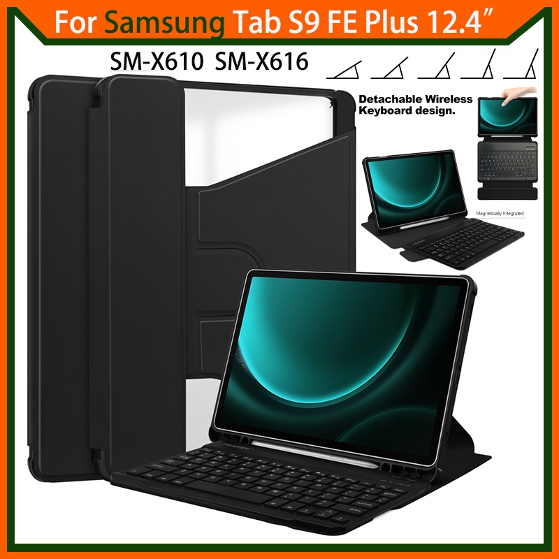 Capa Para Samsung Galaxy Tab S9 FE Plus 12,4 Polegadas 2023 SM-X610 X616 Transparente 360 ° Rotativo TPU Acrílico + Teclado Bluetooth Ultra Fino ABS Sem Fio